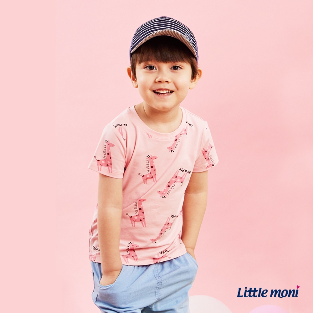 【Little moni】小童熱帶叢林粉紅長頸鹿短袖上衣(100~130CM)