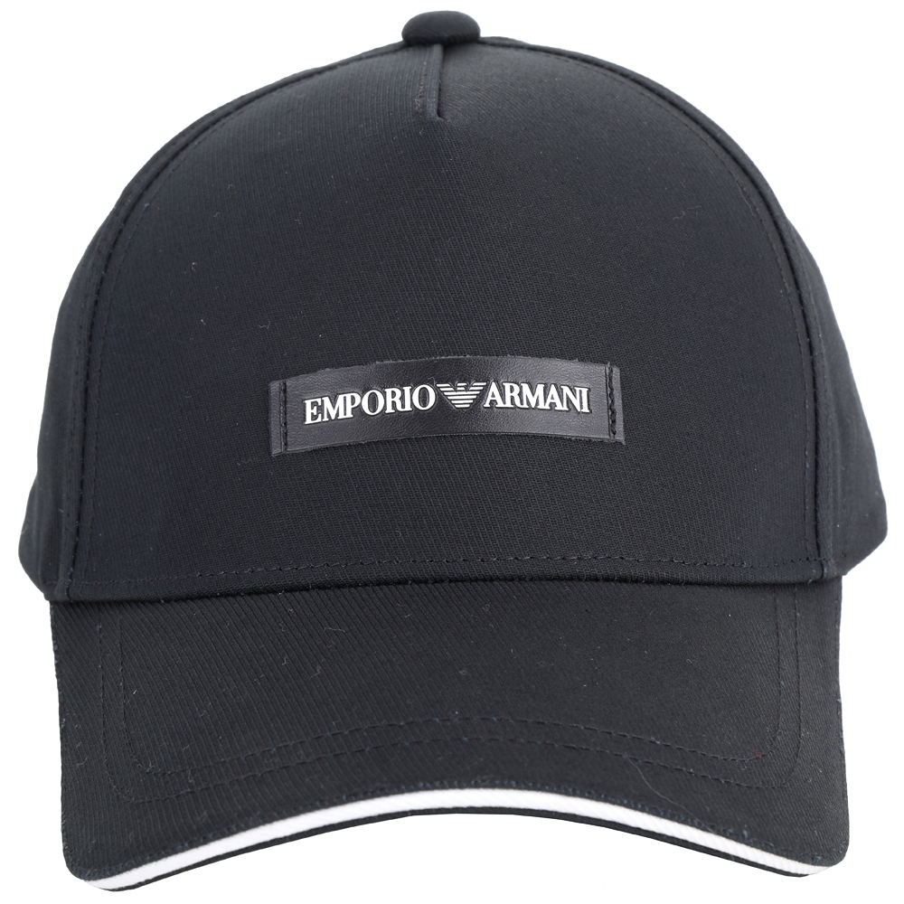 Emporio Armani 字母皮牌飾棉質棒球帽(黑色)