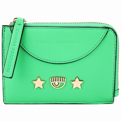 Chiara Ferragni Eye Star 眨眼星星金屬標誌皮革卡片夾/零錢包(綠色)