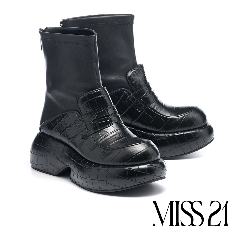 短靴 MISS 21 黑暗未來石頭紋彈力異材質拼接木屐大頭厚底短靴－黑