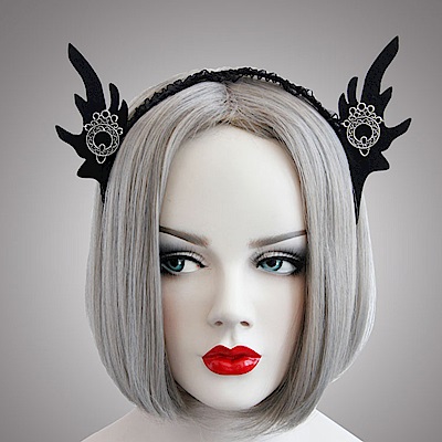 摩達客萬聖派對頭飾-哥德風黑色精靈耳蕾絲創意造型髮箍
