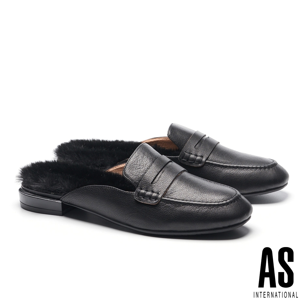 穆勒鞋 AS 復古時尚純色毛毛造型方頭穆勒拖鞋－黑