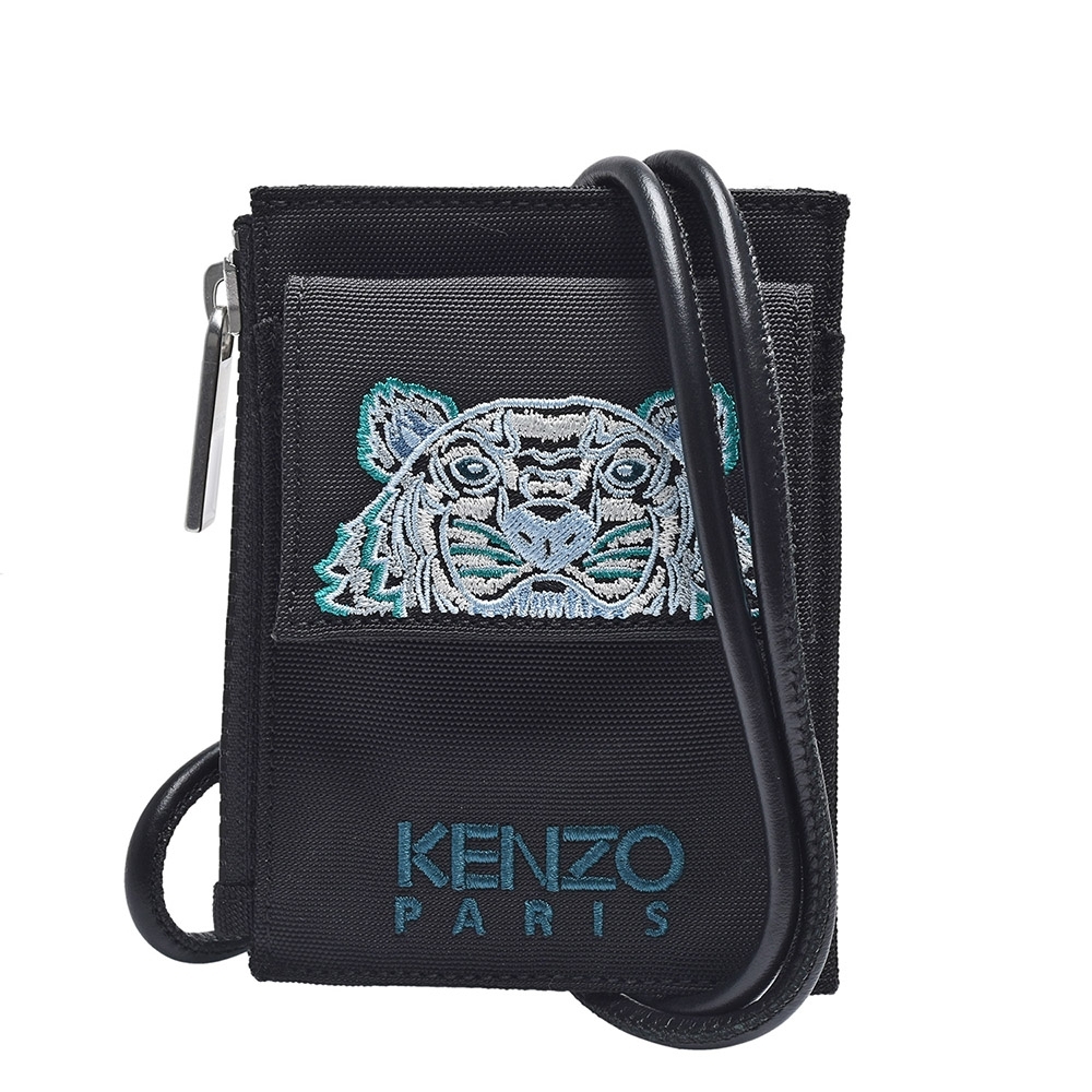 KENZO 經典字母LOGO老虎刺繡圖騰拉鍊卡夾/零錢包(黑/綠)