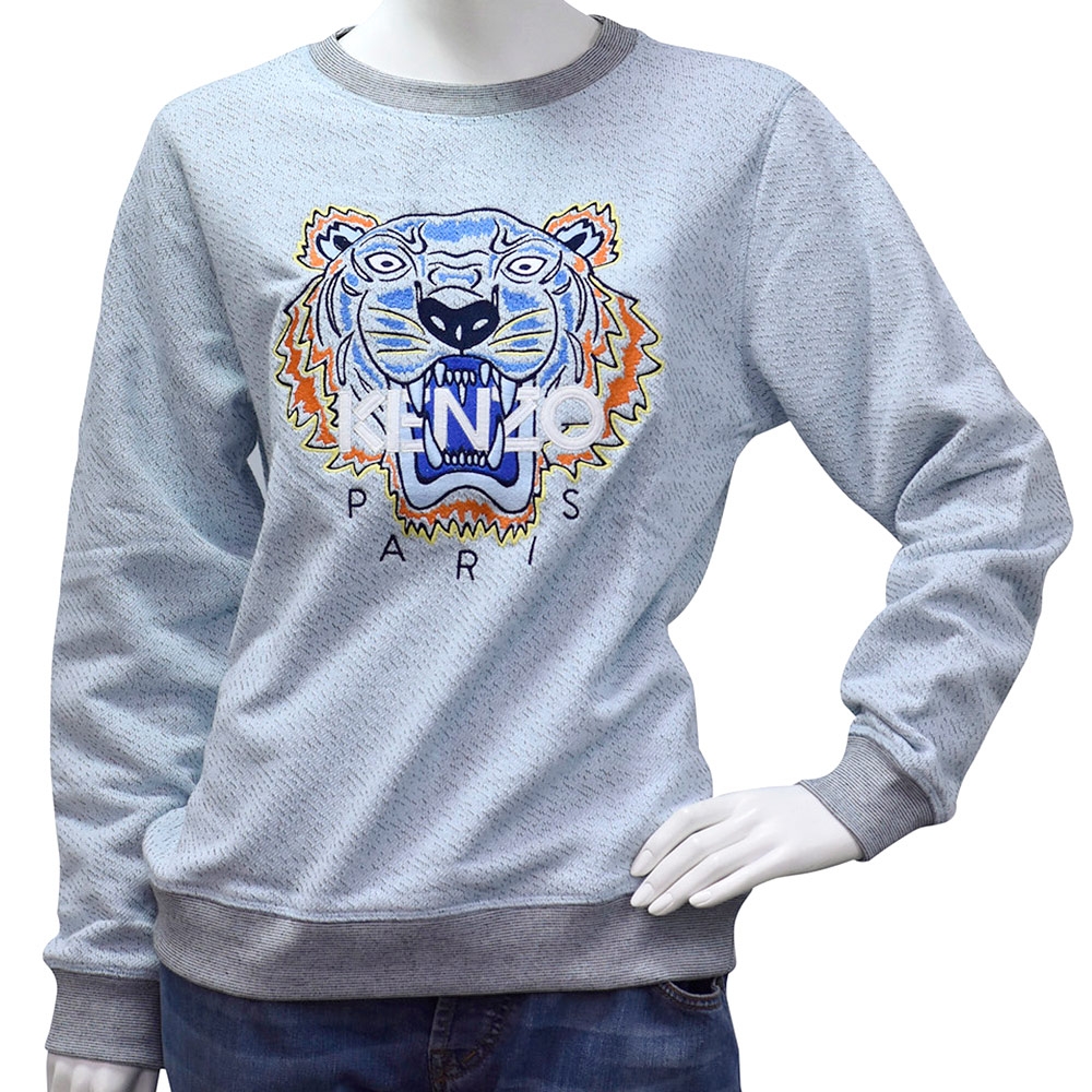 KENZO 老虎標誌印花條紋棉布飾邊白字厚版純棉長袖圓領衫(粉藍)