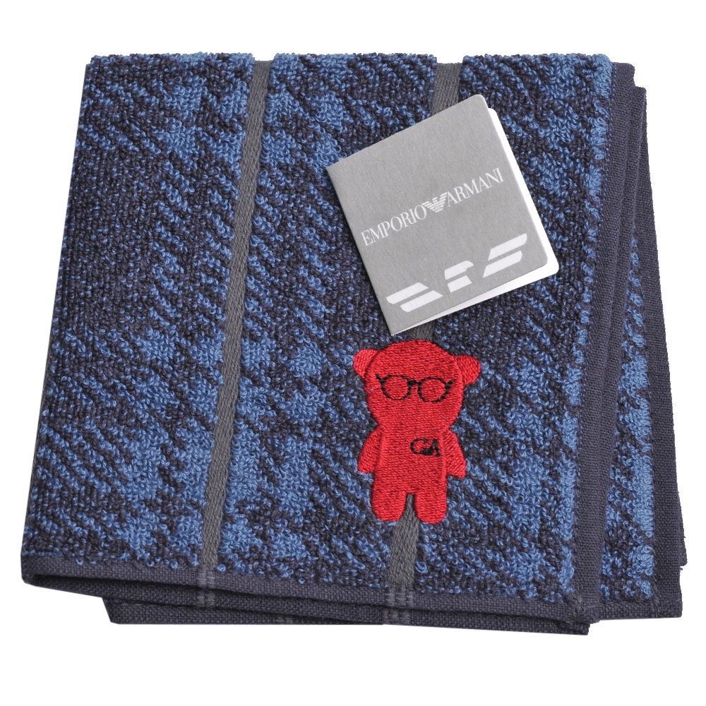 EMPORIO ARMANI MangaBear 小熊刺繡蘇格蘭格紋小方巾(藍格)