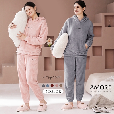 【Amore】秋冬蓄熱保暖刷毛暖暖連帽睡衣套裝4色