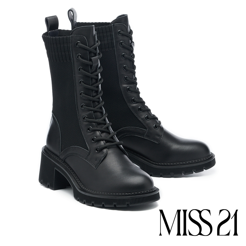(時尚美靴)短靴  MISS 21 荒野怪美異材質拼接綁帶牛皮粗高跟短靴－黑