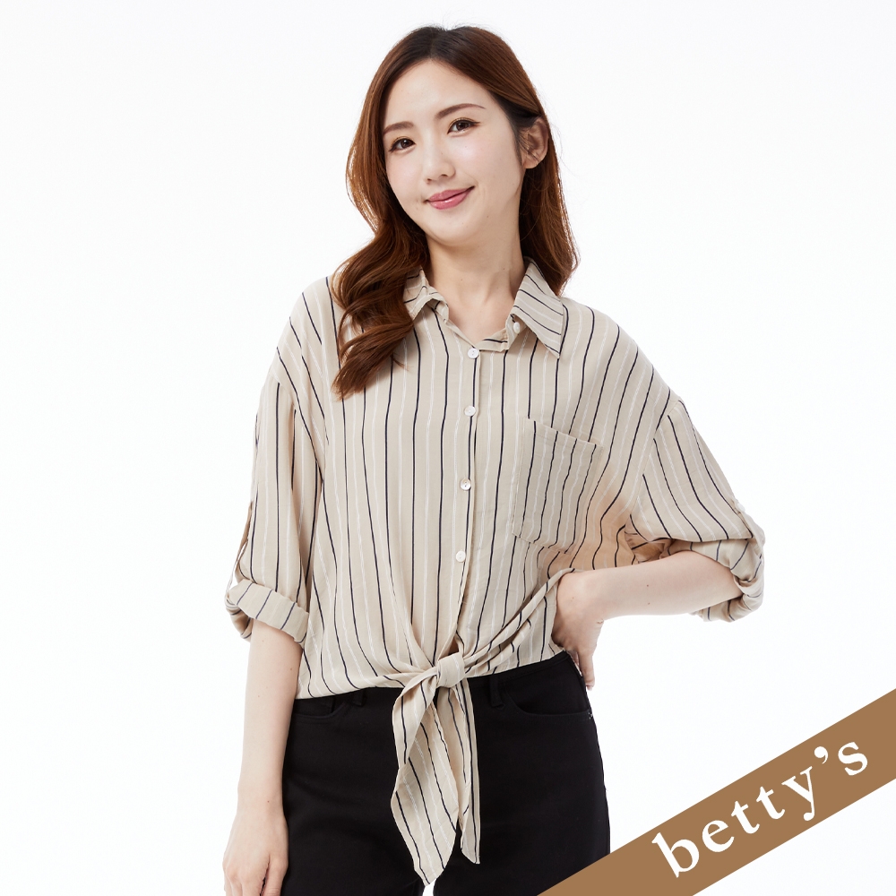 betty’s貝蒂思　OL條紋綁帶造型長袖襯衫(卡其色)