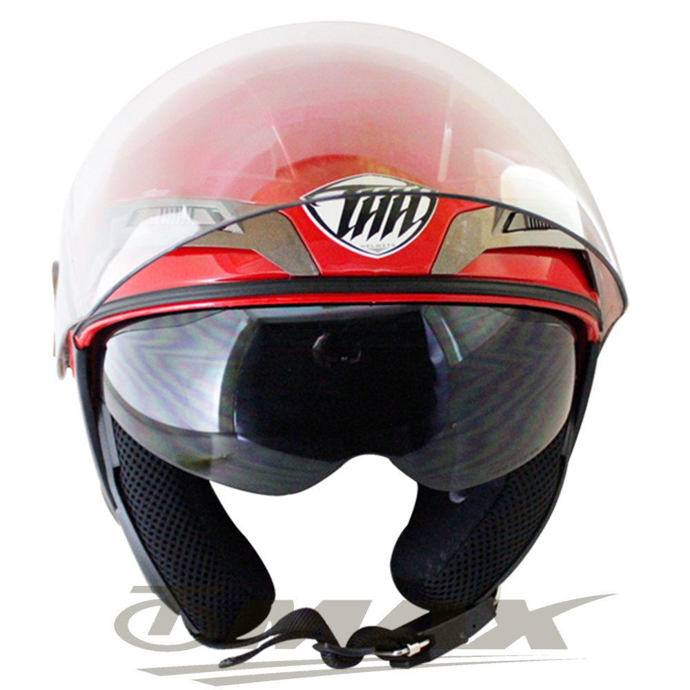 THH勇氣可掀式雙鏡片半罩安全帽T314A-紅白+免洗安全帽內襯套6入