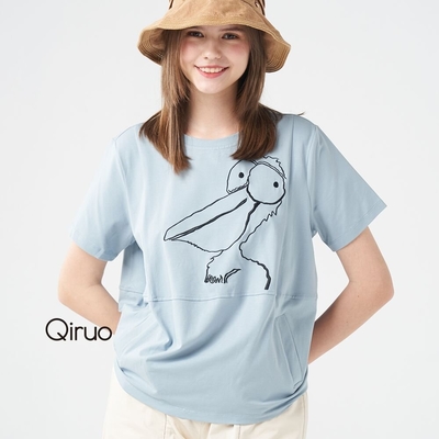 【Qiruo 奇若名品】專櫃精品粉藍上衣短袖圓領女裝(休閒大嘴鳥圖案設計2010A)