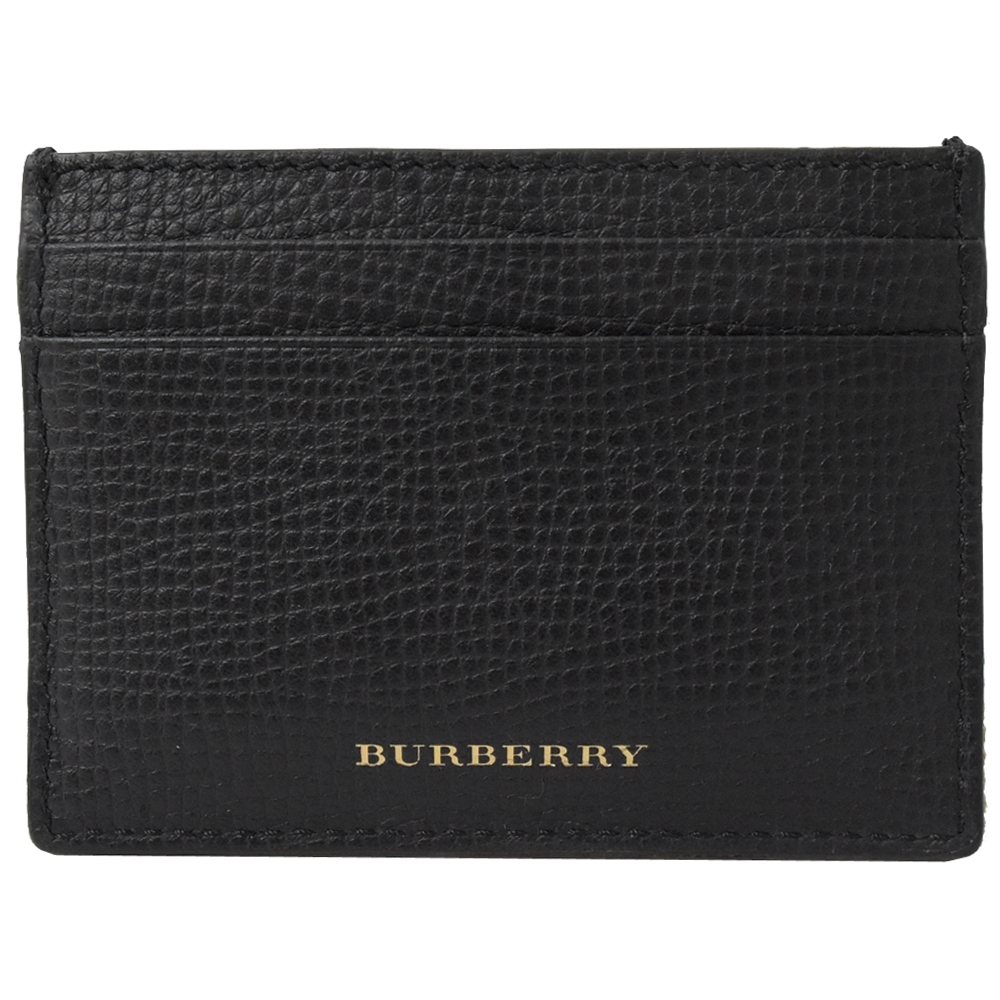 BURBERRY燙印LOGO棉麻牛皮拼接簡易卡片夾(黑)