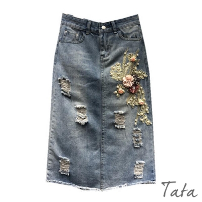 花朵釘珠刺繡牛仔裙 TATA