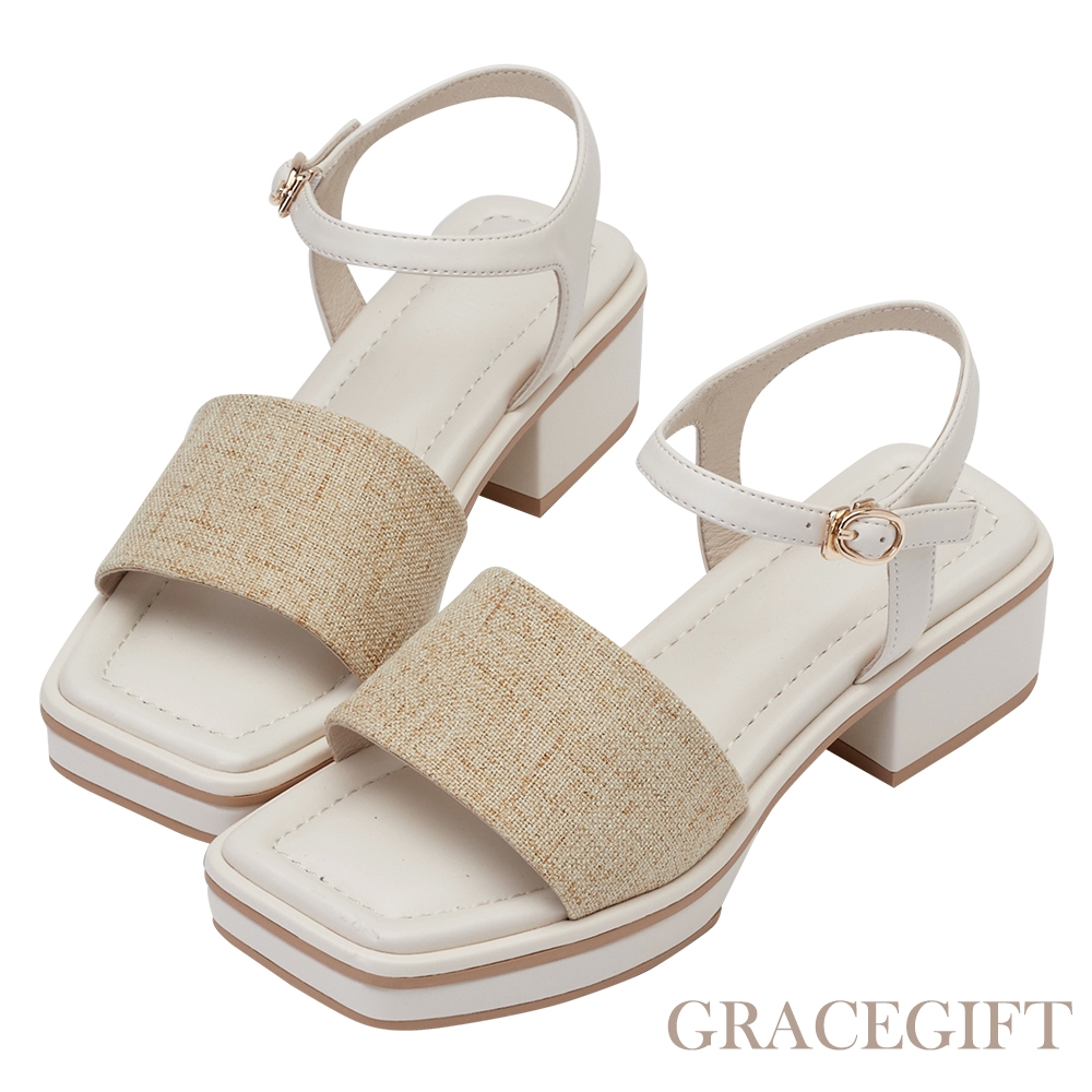 【Grace Gift】逸歡聯名-日系寬帶澎澎鞋墊防水台中跟涼鞋 米色