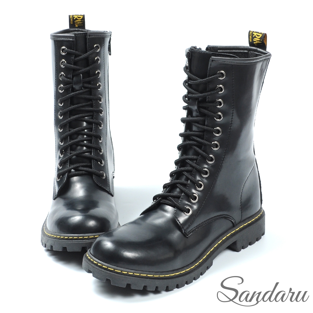 山打努SANDARU-中筒靴 俐落車線綁帶馬丁靴-黑霧鏡