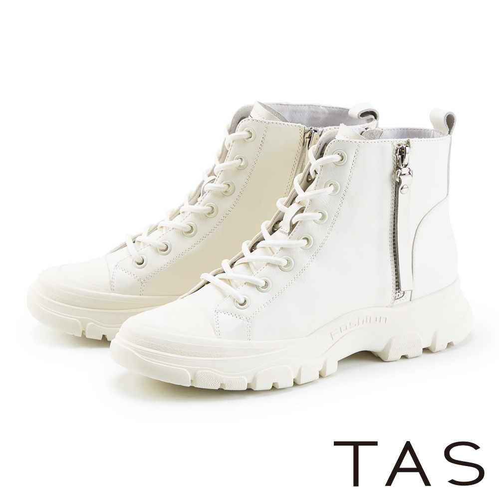 TAS 率性真皮綁帶厚底高筒休閒鞋 白色