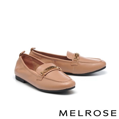 低跟鞋 MELROSE 美樂斯 懷舊時尚鍊條水染牛皮樂福方頭低跟鞋－棕