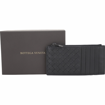 BOTTEGA VENETA 經典編織小牛皮拉鍊卡片夾/零錢包(黑色)