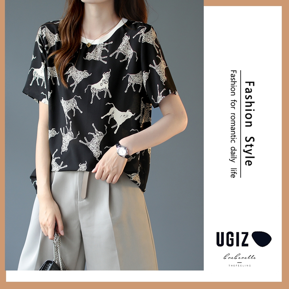 UGIZ-修身時尚溫柔個性動物圖案圓領造型上衣-黑色(M-XL)