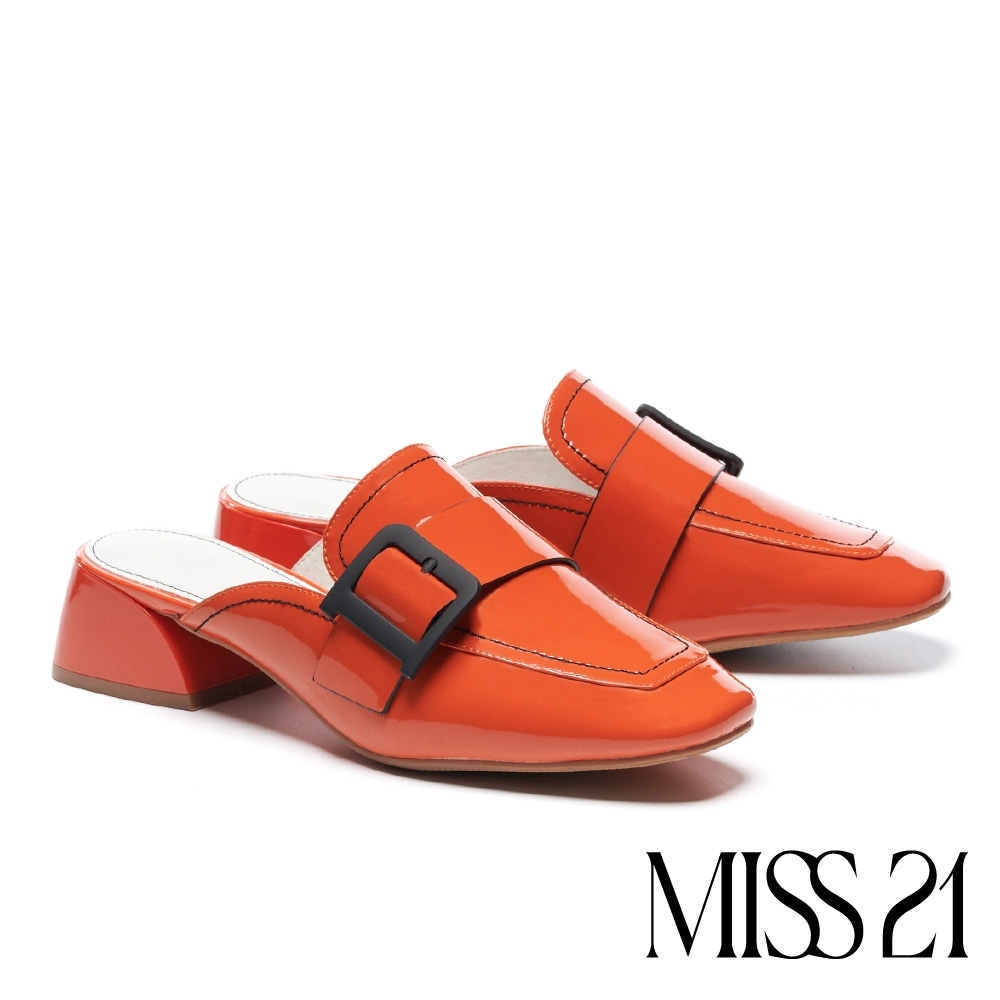 拖鞋 MISS 21 復古時尚大方釦帶漆皮穆勒高跟拖鞋－桔