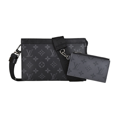 LV M81124 Gaston印花LOGO Monogram Eclipse Reverse帆布二合一拉鍊手拿斜背包(炭黑x炭灰)