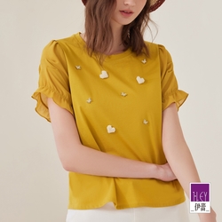 ILEY伊蕾 甜美雪紡袖拼接絲光棉上衣(芥黃色；M-XL)1232161205