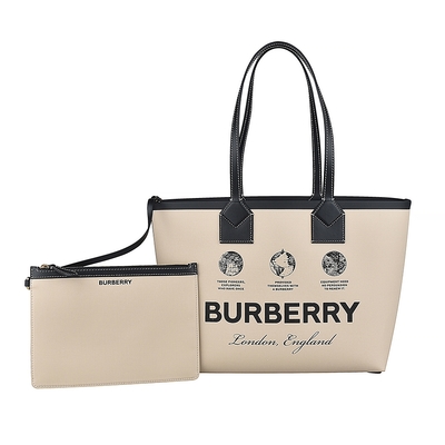 burberry london 字母logo圓形地球設計棉質滾邊小牛皮肩背子母托特包(小/米)