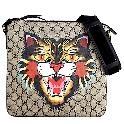 GUCCI Angry Cat 貓咪印花防水帆布拉鍊斜背包