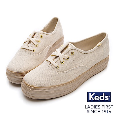 Keds TRIPLE 金蔥帆布綁帶厚底休閒鞋-米/金