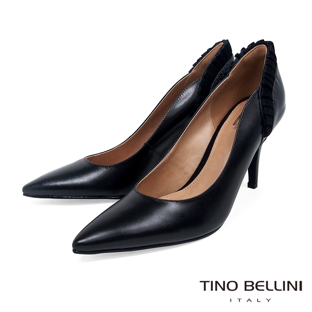 Tino Bellini 巴西進口唯美細褶裝飾牛皮尖頭9cm跟鞋-黑