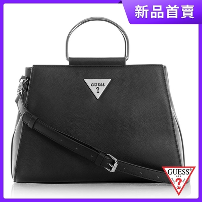 GUESS-女包-純色皮質斜紋三角LOGO手提包-黑 原價3490