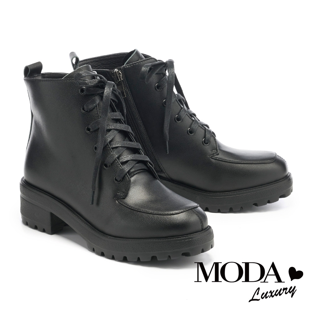 短靴 MODA Luxury 個性百搭素面綁帶方頭粗跟短靴－黑