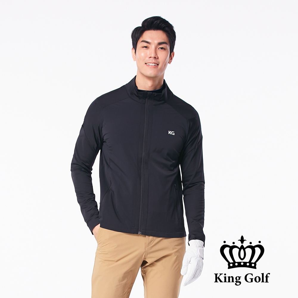 【KING GOLF】男款KG印圖防風防水拉鍊素面長袖夾克外套-黑色