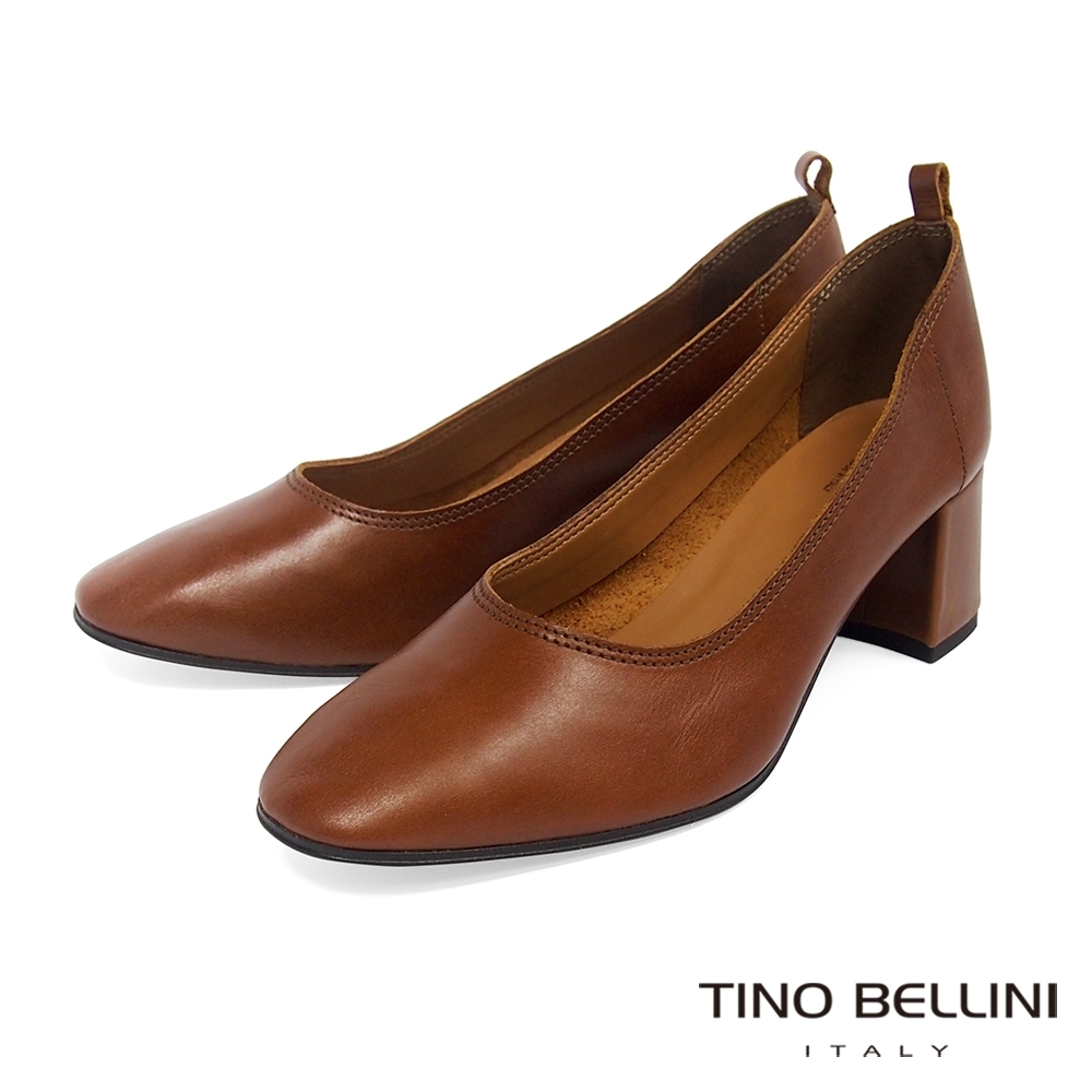 Tino Bellini義大利進口雅緻牛皮中粗跟鞋_棕