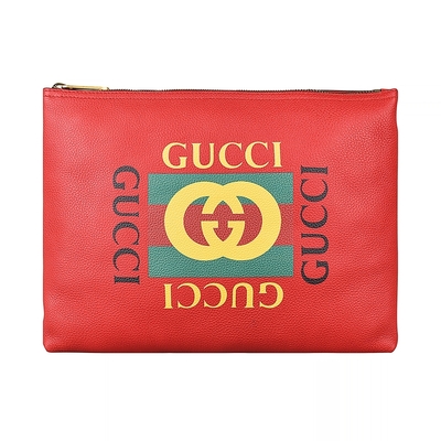 GUCCI經典綠紅綠印花LOGO荔枝紋牛皮手拿化妝包(紅)