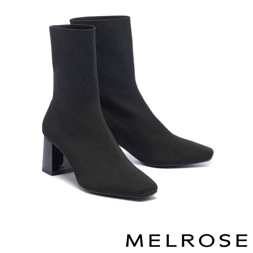 短靴 MELROSE 美樂斯 極簡時髦純色飛織布方頭高跟短靴－黑