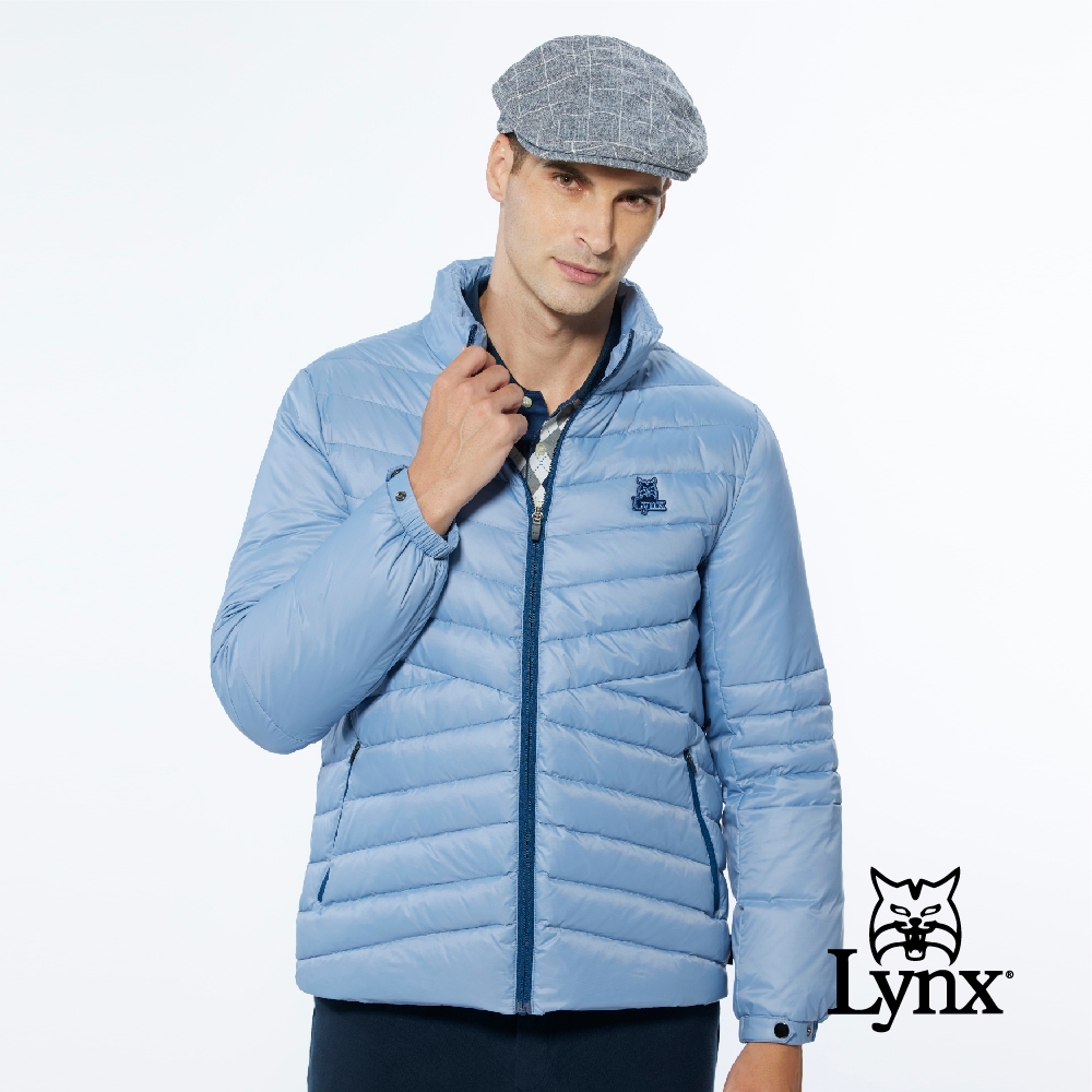 【Lynx Golf】男款保暖羽絨山貓織標LOGO夾標設計長袖外套-灰藍色