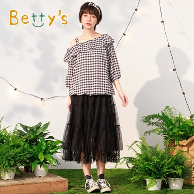 betty’s專櫃款　拼接蕾絲鬆緊腰紗裙(黑色)