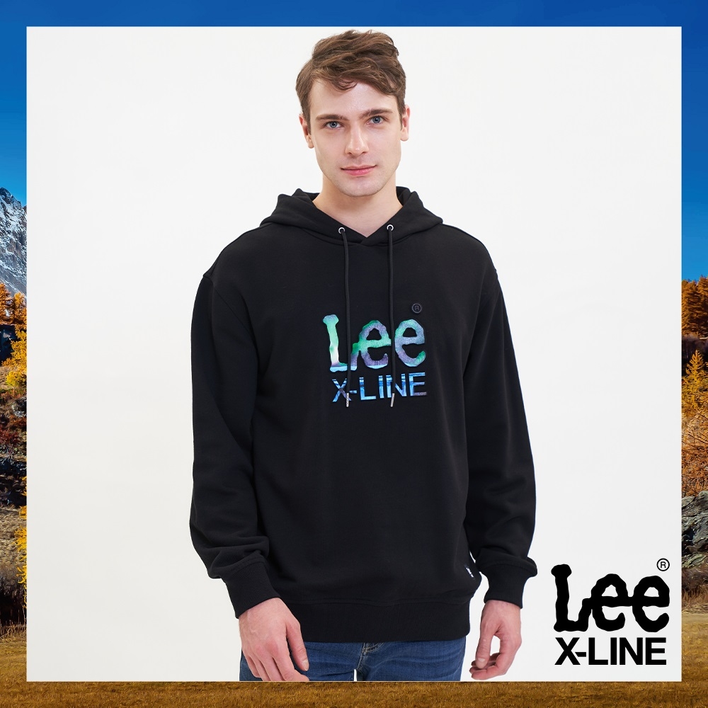 【X-LINE】Lee 男款 極光文字Logo 連帽大學T/厚T 黑色