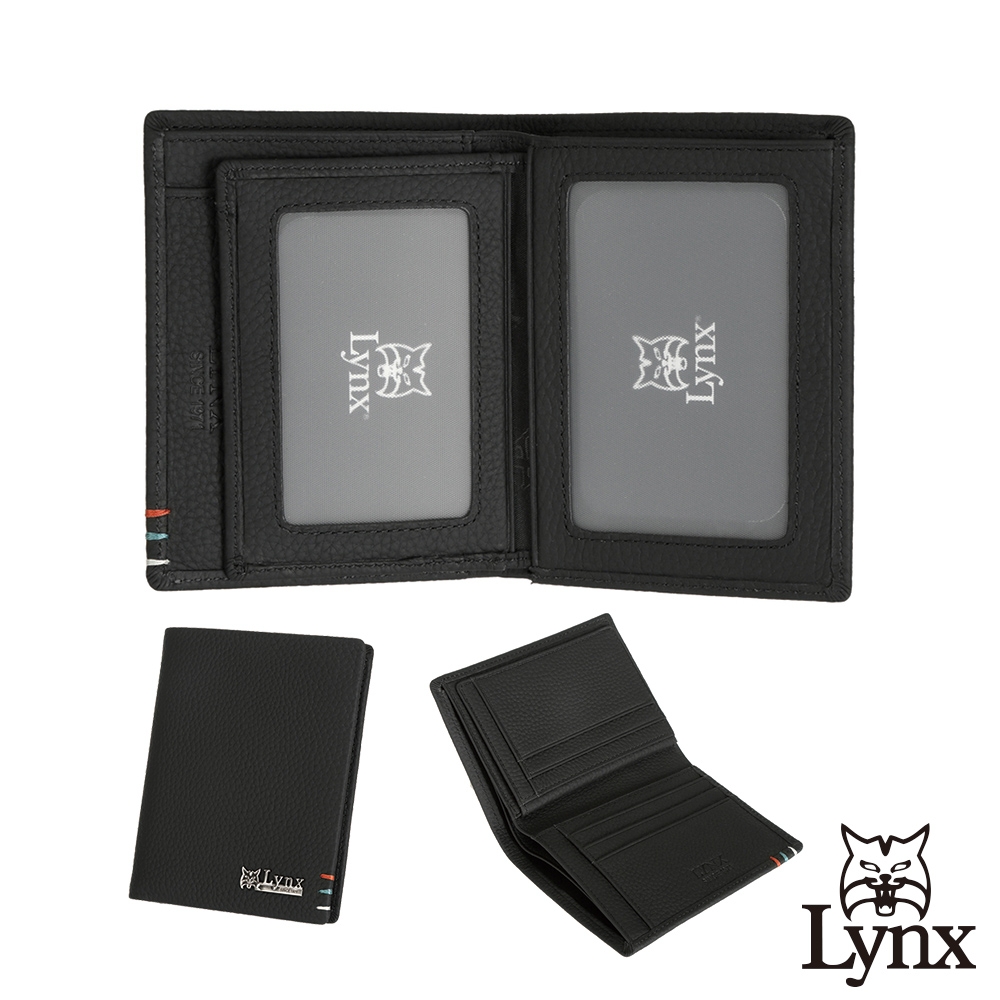 【Lynx】美國山貓自然紋進口牛皮直立短夾皮夾錢包 5卡/透明窗-黑色
