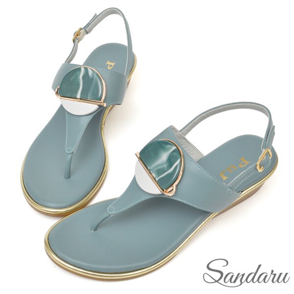 山打努SANDARU-真皮貝殼圓飾夾腳楔型涼鞋-淺藍