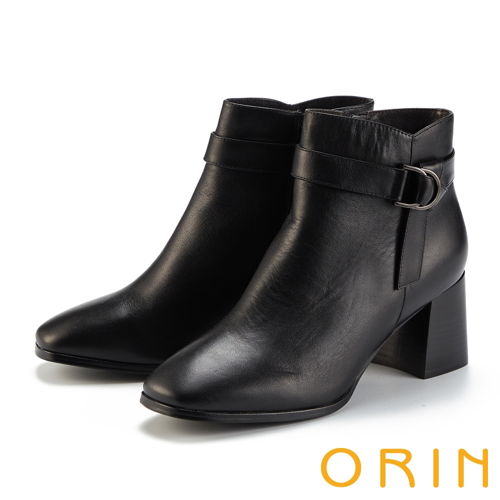 ORIN 經典真皮釦環粗跟短靴 黑色