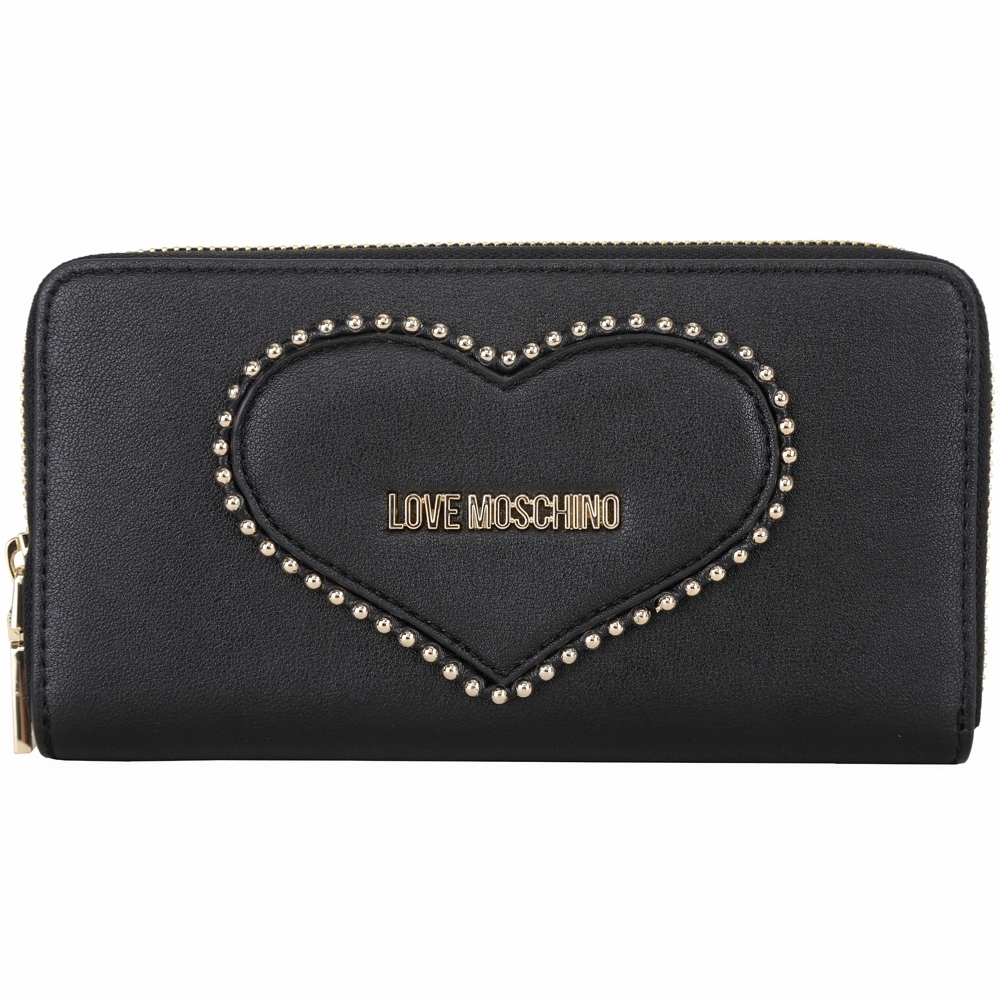 LOVE MOSCHINO LOGO 心型鉚釘皮革拉鍊長夾(黑色)