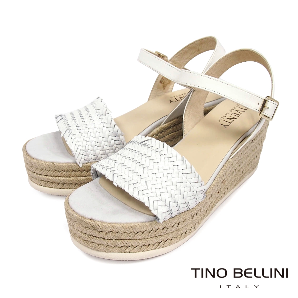 Tino Bellini 西班牙進口典雅小牛皮編織草編楔型涼鞋-白