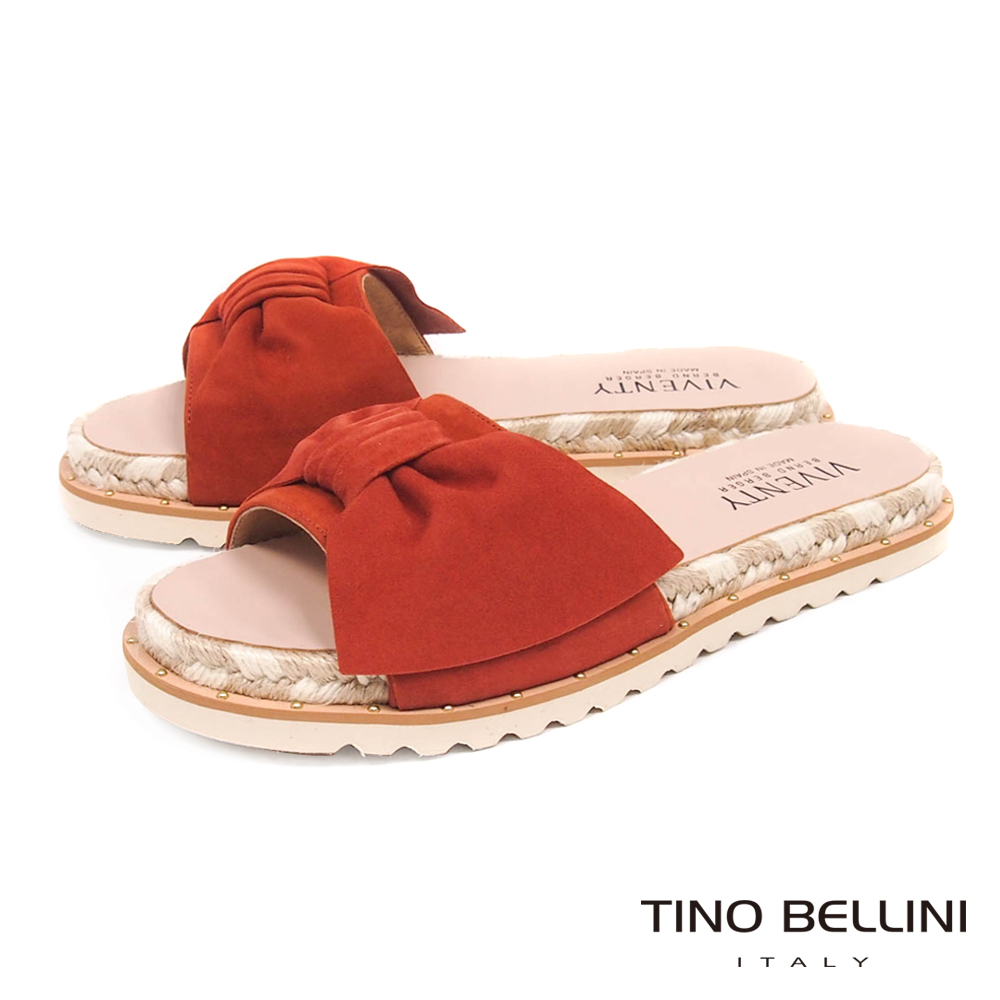 Tino Bellini 西班牙進口蝴蝶紐結雙色麻編厚底涼拖鞋 _ 橘紅