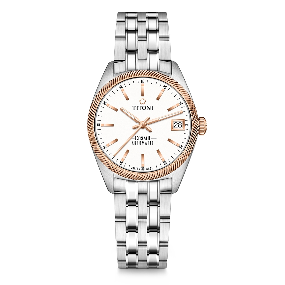 TITONI瑞士梅花錶 宇宙系列機械女錶(828 SRG-606)-玫瑰金錶圈白面鋼帶/33.5mm