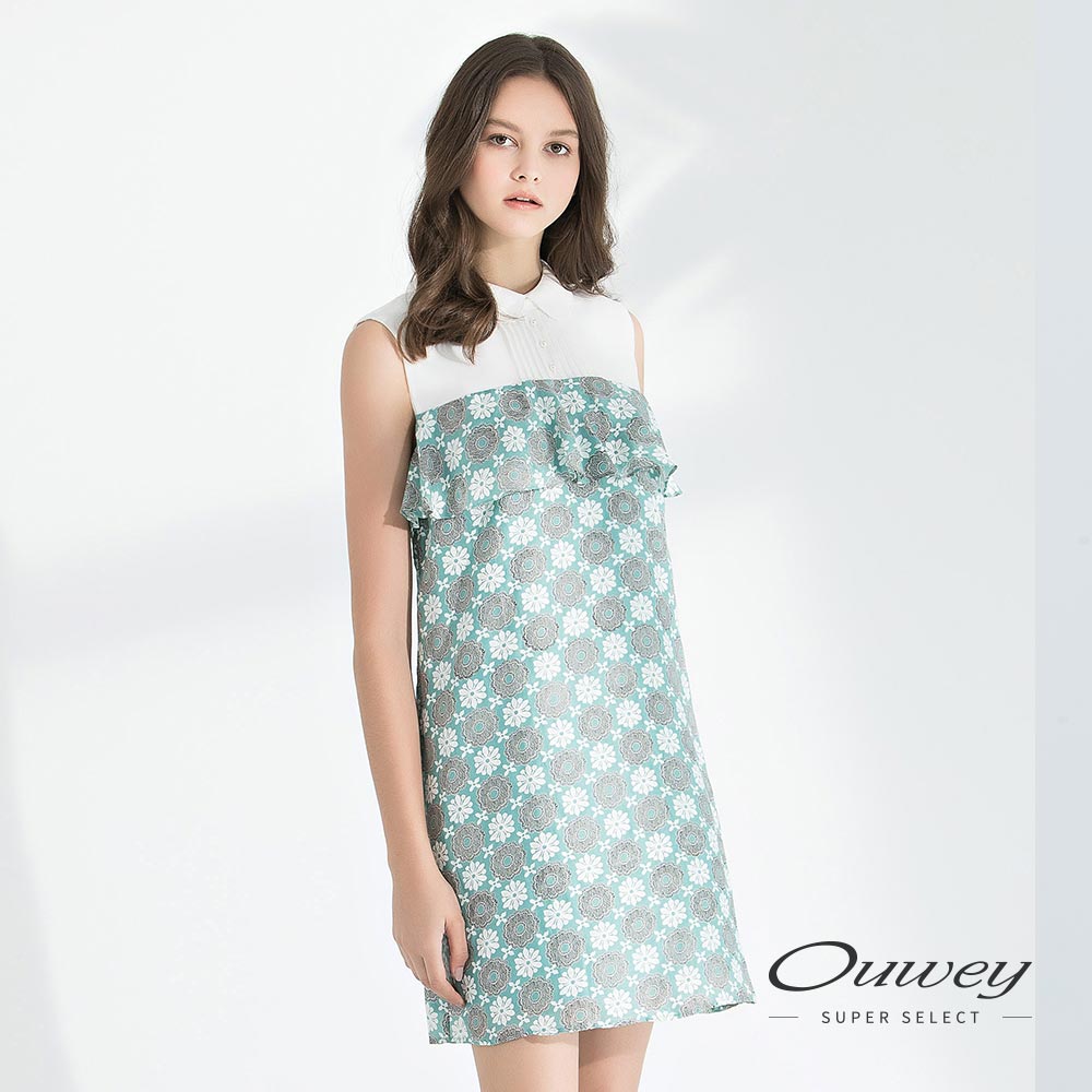 OUWEY歐薇 荷葉活片造型印花背心洋裝(綠)