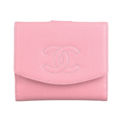 展示品 CHANEL 經典雙C LOGO荔枝紋牛皮釦式雙折短夾(粉)