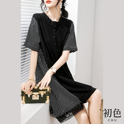 初色 寬鬆顯瘦清涼感條紋拼接蕾絲圓領短袖A字裙連身裙洋裝-黑色-69651(M-2XL可選)