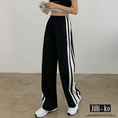 JILLI-KO 新款運動寬鬆高腰垂感闊腿休閒褲- 黑色