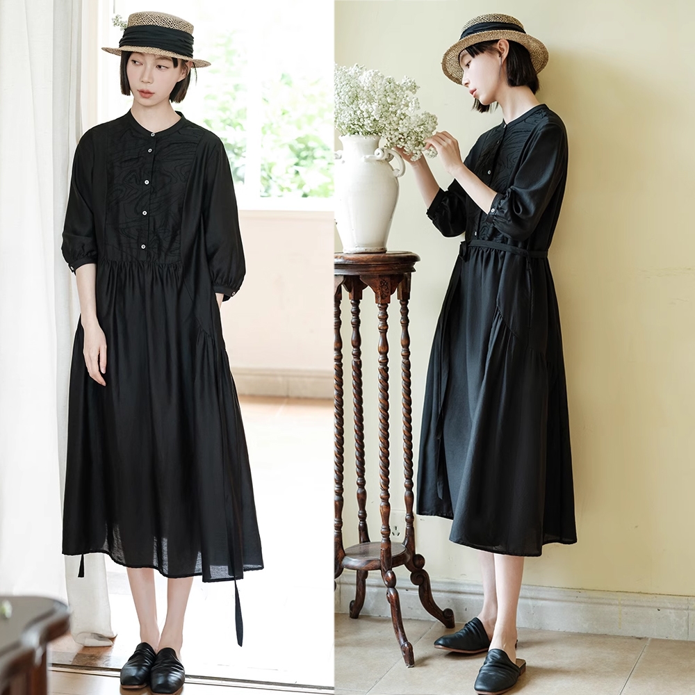 獨家高端限量系列 13姆米高級桑蠶絲棉小黑裙洋裝-設計所在 (魚子醬黑)